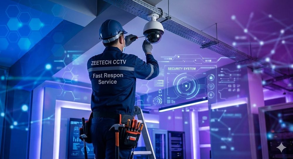 Teknisi ZeeTech CCTV profesional sedang memasang kamera keamanan di Bekasi